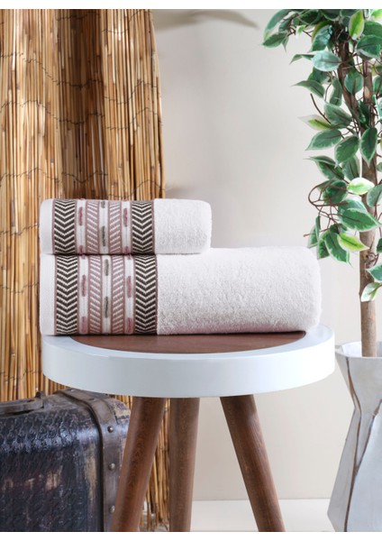 Samara Bordürü Jakarlı 2'li Banyo Havlu Seti Ekru 50X85 cm 70X140 cm