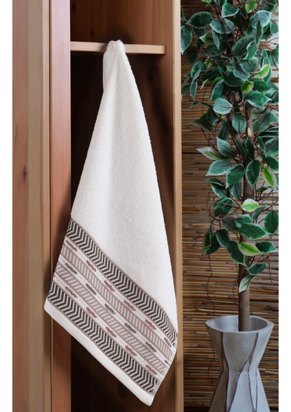 Samara Bordürü Jakarlı 2'li Banyo Havlu Seti Ekru 50X85 cm 70X140 cm