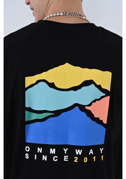 Ben Özgürüm 0 Yaka Ön Arka On My Way Sınce 2011 Baskı Oversize Erkek T-Shirt