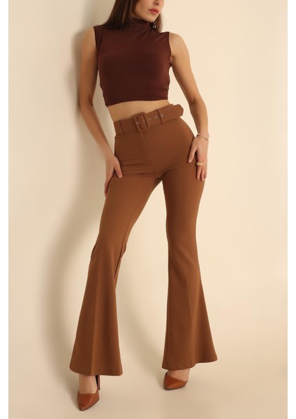 Kadın Kemerli Ispanyol Paça Yüksek Bel Pantolon