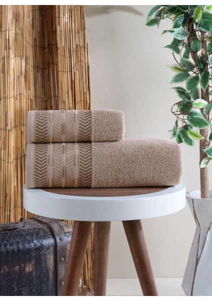 Samara Bordürü Jakarlı 2'li Banyo Havlu Seti Vizon 50X85 cm 70X140 cm