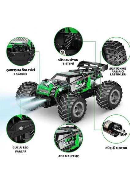 Oyuncak 2.4 Ghz Full Fonksiyon Uzaktan Kumandalı Şarjlı LED Işıklı Drift Atan 20 Km Hız Yapan Off Road Araba (2renk Mavi-Yeşil)