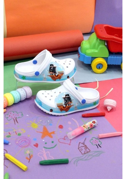 Albishoes Erkek Çocuk Crocs Modeli Kaptan Desenli Kaymaz Taban Plaj Havuz Deniz Sandalet Terlik