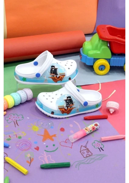 Albishoes Erkek Çocuk Crocs Modeli Kaptan Desenli Kaymaz Taban Plaj Havuz Deniz Sandalet Terlik