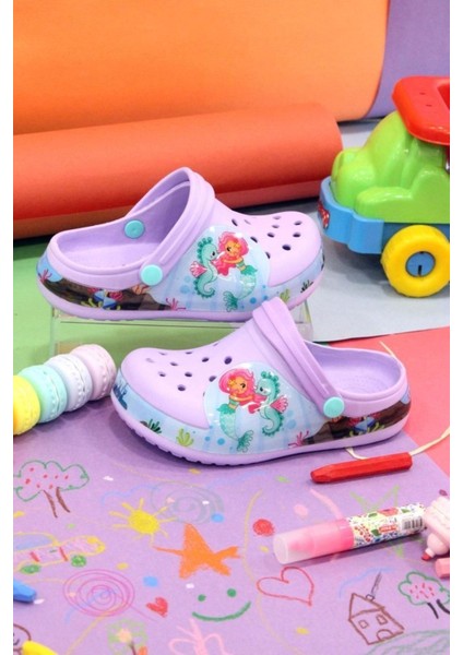 Kız Çocuk Crocs Modeli Deniz Kızı Desenli Kaymaz Taban Plaj Havuz Deniz Sandalet Terlik