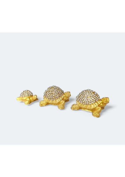 Küçük Boy Polyester Kristal Taşlı Gold Dekoratif 3 Lü Kaplumbağa