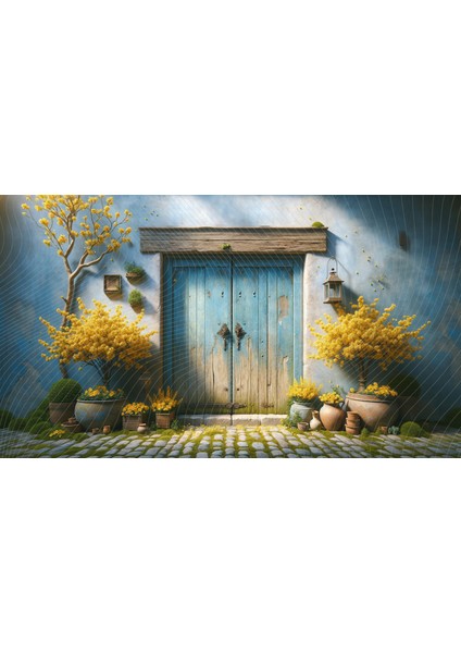 Rustik Mavi Kapı ve Sarı Çiçeklerle Süslü Bahçe Temalı Arkaplan 200 x 150 cm Fon Duvar Örtüsü