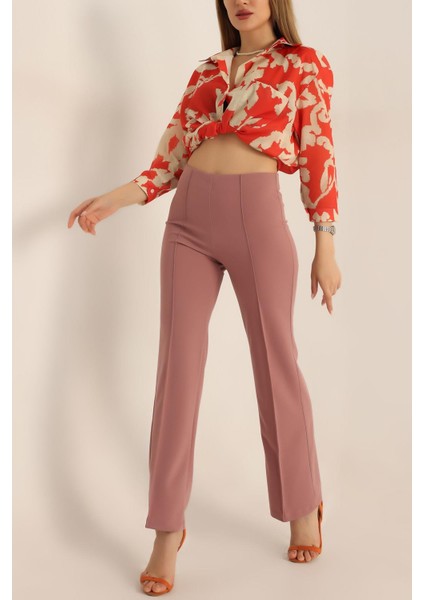 Kadın Çimalı Likralı Yüksek Bel Ispanyol Paça Pantolon