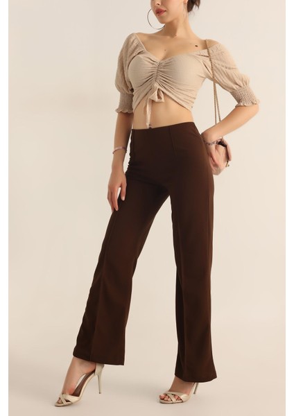 Kadın Çimalı Likralı Yüksek Bel Ispanyol Paça Pantolon