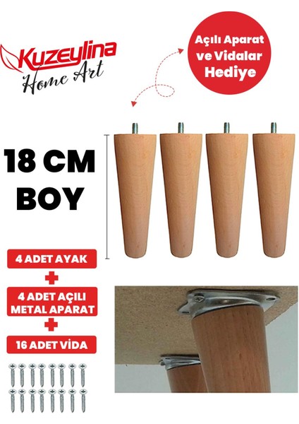 Ahşap Konik Ayak - Mobilya, Koltuk, Tv Ünitesi Uyumlu - 18 cm Ham- 4 Adet