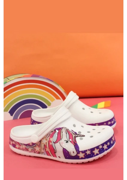 Kız Çocuk Crocs Modeli Unicorn Desenli Kaymaz Taban Plaj Havuz Deniz Sandalet Terlik