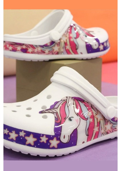 Kız Çocuk Crocs Modeli Unicorn Desenli Kaymaz Taban Plaj Havuz Deniz Sandalet Terlik