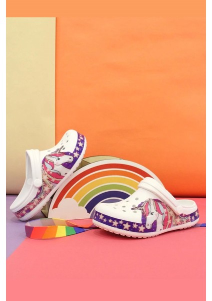 Kız Çocuk Crocs Modeli Unicorn Desenli Kaymaz Taban Plaj Havuz Deniz Sandalet Terlik