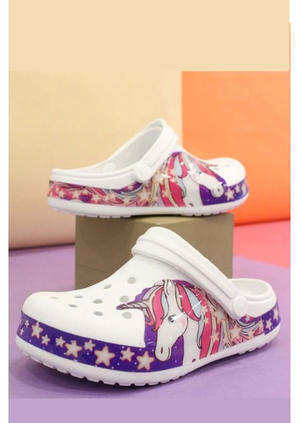 Kız Çocuk Crocs Modeli Unicorn Desenli Kaymaz Taban Plaj Havuz Deniz Sandalet Terlik