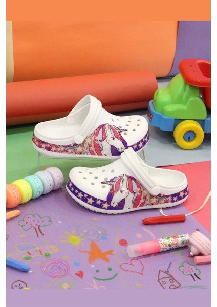 Kız Çocuk Crocs Modeli Unicorn Desenli Kaymaz Taban Plaj Havuz Deniz Sandalet Terlik