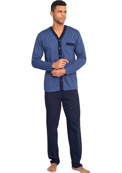 Jakarlı Penye Önden Düğmeli Gömlek Erkek Pijama Takım