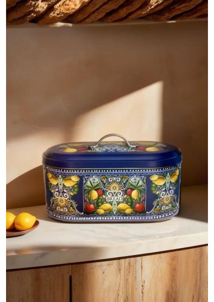 La Dolce Vita Sicilya Metal Orta Boy Oval Ekmeklik ve Ekmek Kutusu Lacivert No:8