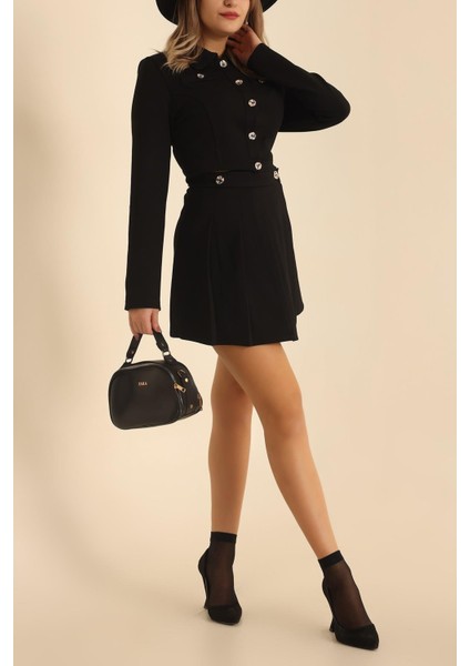 Vioshine Kadın Düğmeli Cepli Etekli Siyah Takım