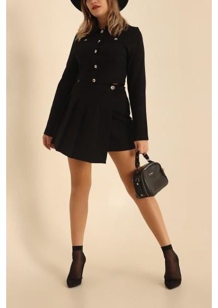 Vioshine Kadın Düğmeli Cepli Etekli Siyah Takım modelleri