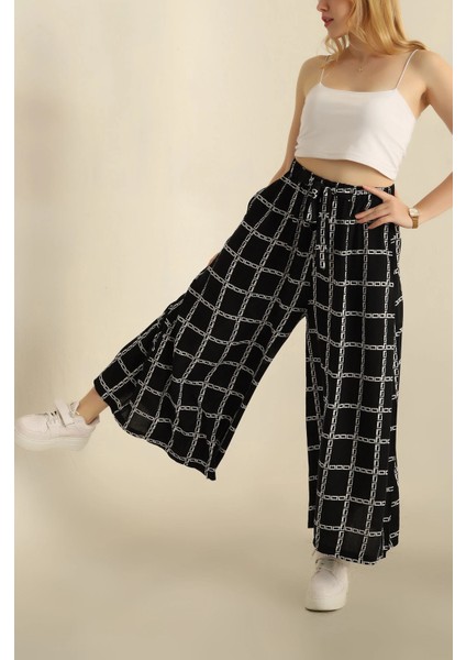 Kadın Beli Lastikli Desenli Bol Paça Samuray Pantolon