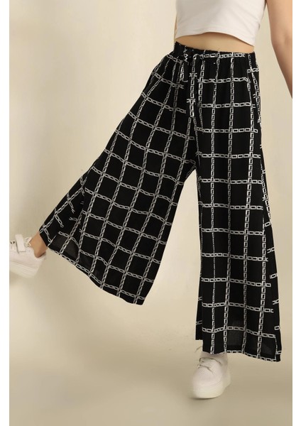 Kadın Beli Lastikli Desenli Bol Paça Samuray Pantolon