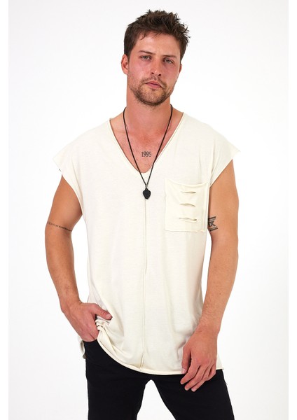 Düşük Omuz Cep Detaylı Oversize V Yaka Atlet