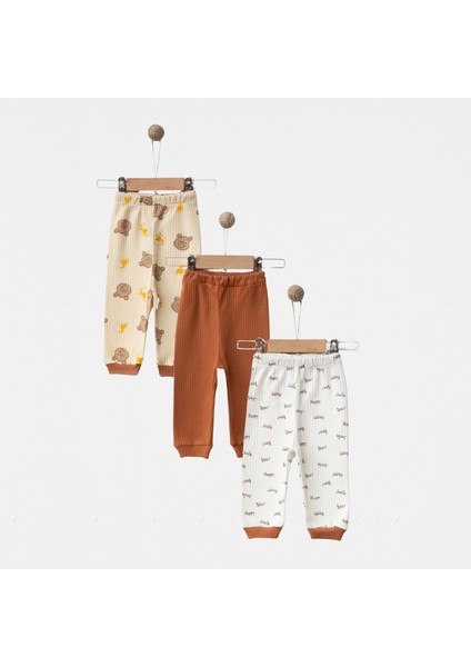 Happy Smile Bear Yazılı ve Ayıcık Desenli % 100 Pamuklu Unisex 3’lü Bilekli Bebek Pantolon