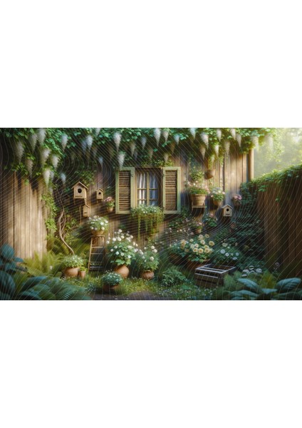Rustik Bahçe ve Pencereli Kuş Evi Temalı Arkaplan 200 x 150 cm Fon Duvar Örtüsü