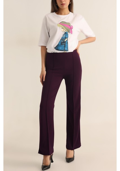 Kadın Çimalı Likralı Yüksek Bel Ispanyol Paça Pantolon