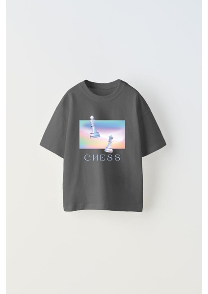 The Champ Chess Yazılı Renkli Satranç Tasarım Baskılı Füme Erkek Çocuk T-Shirt
