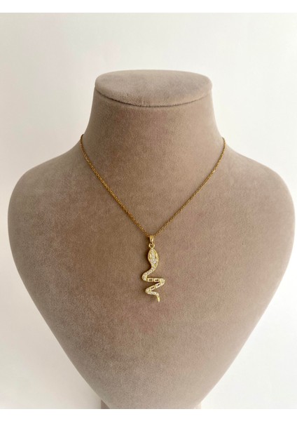 Zirkon Taşlı Yılan Çelik Kolye - Gold