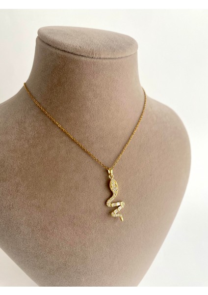 Zirkon Taşlı Yılan Çelik Kolye - Gold fiyatları