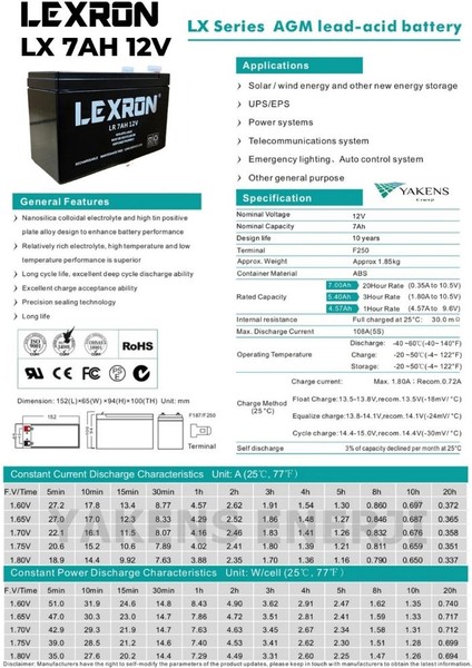 7 Ah 12V Kuru Akü Lexron