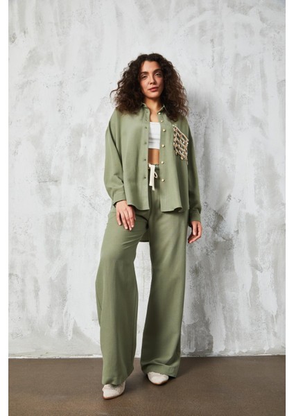 Haki Aksesuarlı Oversize Keten Gömlek 27079 fırsatları