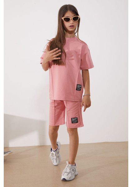 Pembe Oversize Tişörtlü Çımalı Kız Çocuk Şortlu Takım 18904 fiyatları