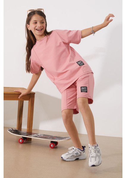 Pembe Oversize Tişörtlü Çımalı Kız Çocuk Şortlu Takım 18904 modelleri