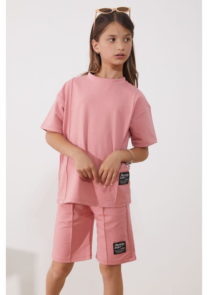 Pembe Oversize Tişörtlü Çımalı Kız Çocuk Şortlu Takım 18904 indirimleri