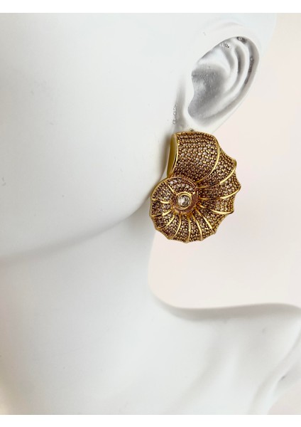 Özel Tasarım Zirkon Taşlı Deniz Kabuğu Küpe - Gold fırsatları