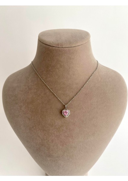 Pembe Zirkon Taşlı Kalp Çelik Kolye - Silver