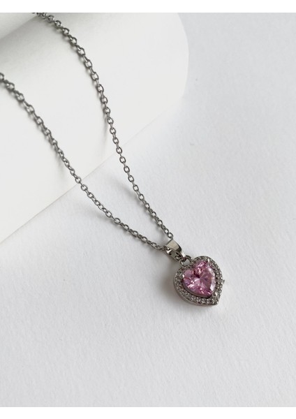 Pembe Zirkon Taşlı Kalp Çelik Kolye - Silver