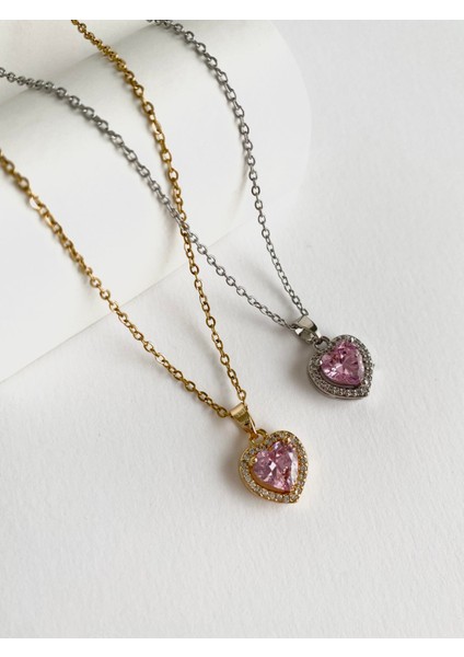 Pembe Zirkon Taşlı Kalp Çelik Kolye - Silver