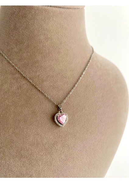 Pembe Zirkon Taşlı Kalp Çelik Kolye - Silver