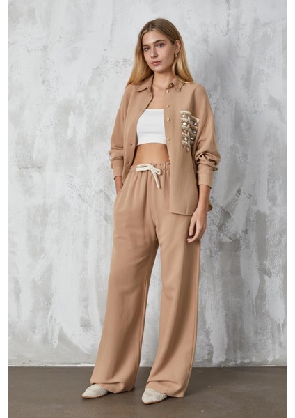 Camel Aksesuarlı Oversize Keten Gömlek 27079