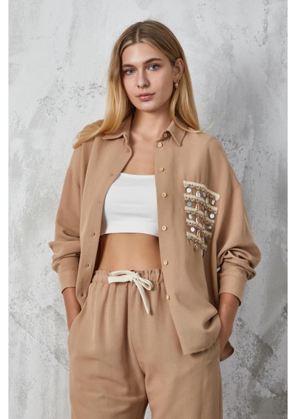 Camel Aksesuarlı Oversize Keten Gömlek 27079