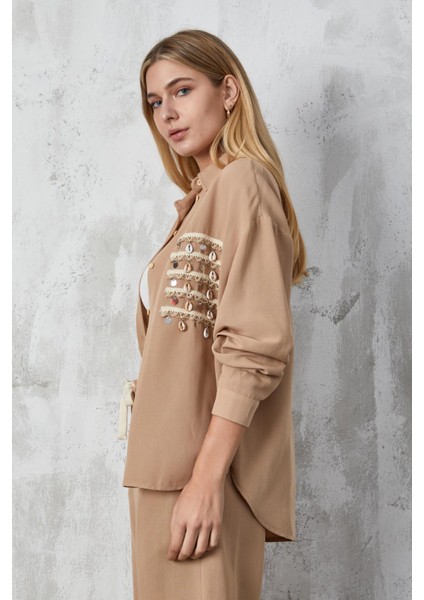 Camel Aksesuarlı Oversize Keten Gömlek 27079