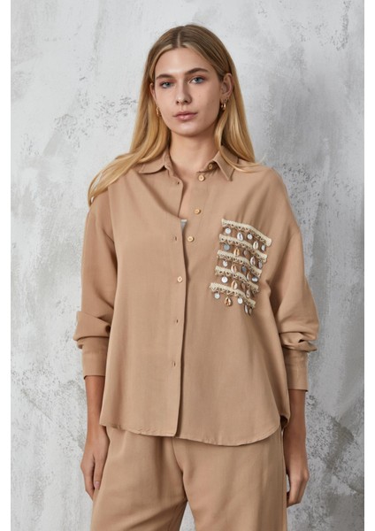Camel Aksesuarlı Oversize Keten Gömlek 27079