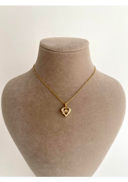 Taşlı Kalp Çelik Kolye - Gold