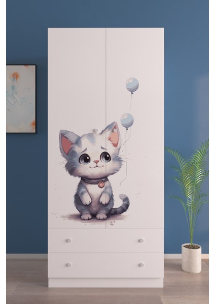 Çocuk Odası 2 Kapaklı Lonely Cat Gardırop 5 Raflı 2 Çekmeceli Askılı Elbise Dolabı