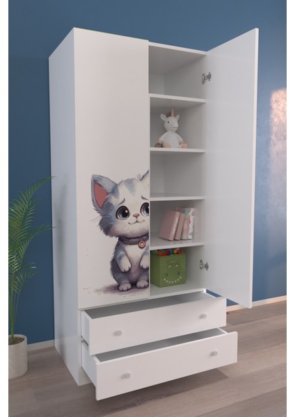 Çocuk Odası 2 Kapaklı Lonely Cat Gardırop 5 Raflı 2 Çekmeceli Askılı Elbise Dolabı modelleri