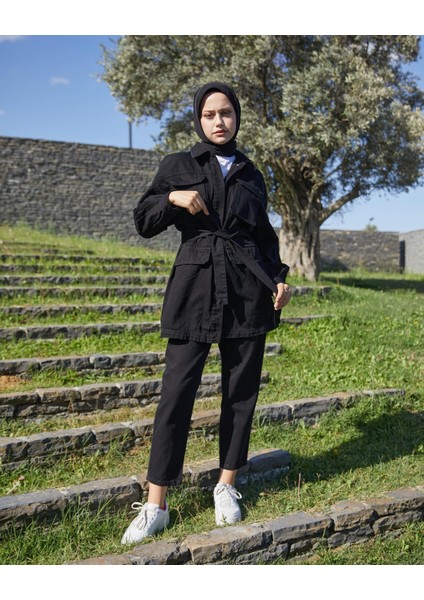 Kadın Önü Düğmeli Kuşaklı Kot Mont